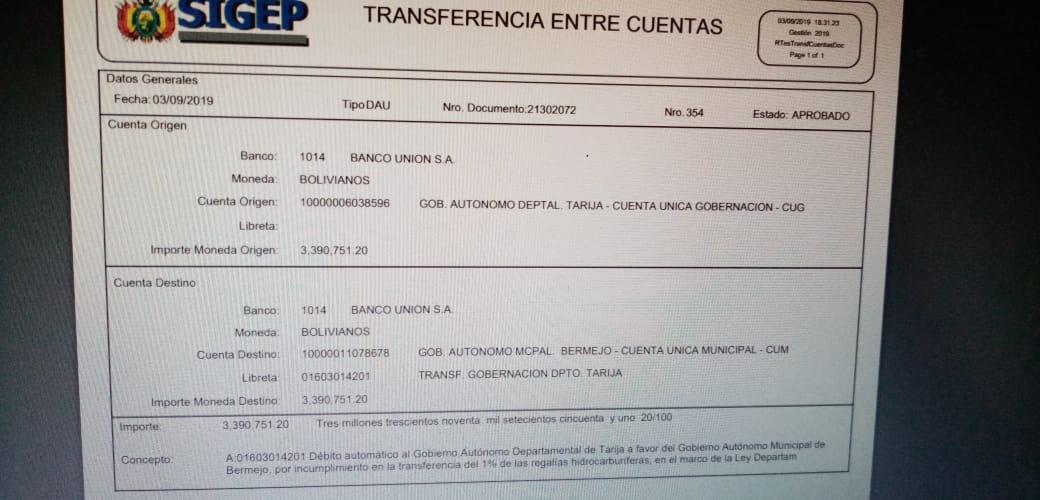 Bermejo se cobra otros 3,3 millones de bolivianos vía débito automático