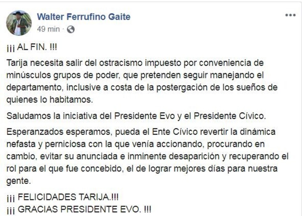 Cívicos de Tarija se reunirán con Evo Morales en la Base Aérea