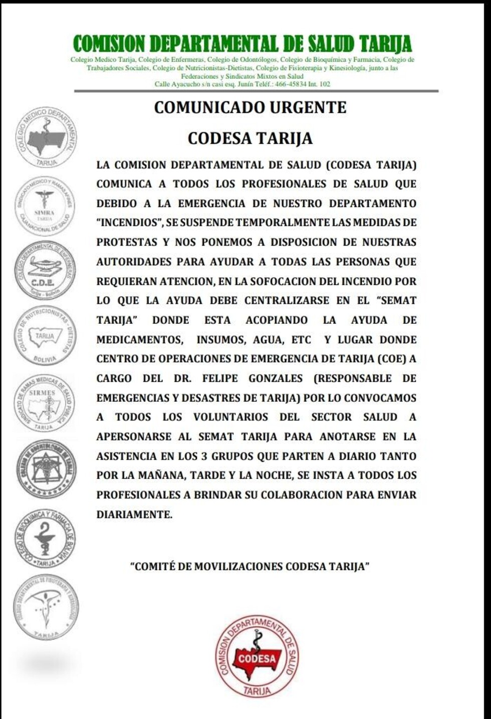 Profesionales en salud suspenden paro en Tarija por incendios