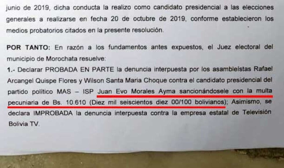 Juez multa con Bs10 mil a Evo por faltas electorales en caso Morochata
