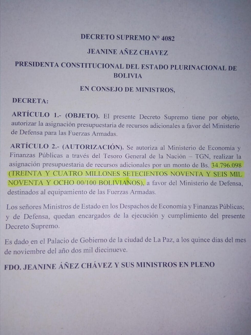 Áñez destinó Bs. 34.7 millones a las FFAA por decreto