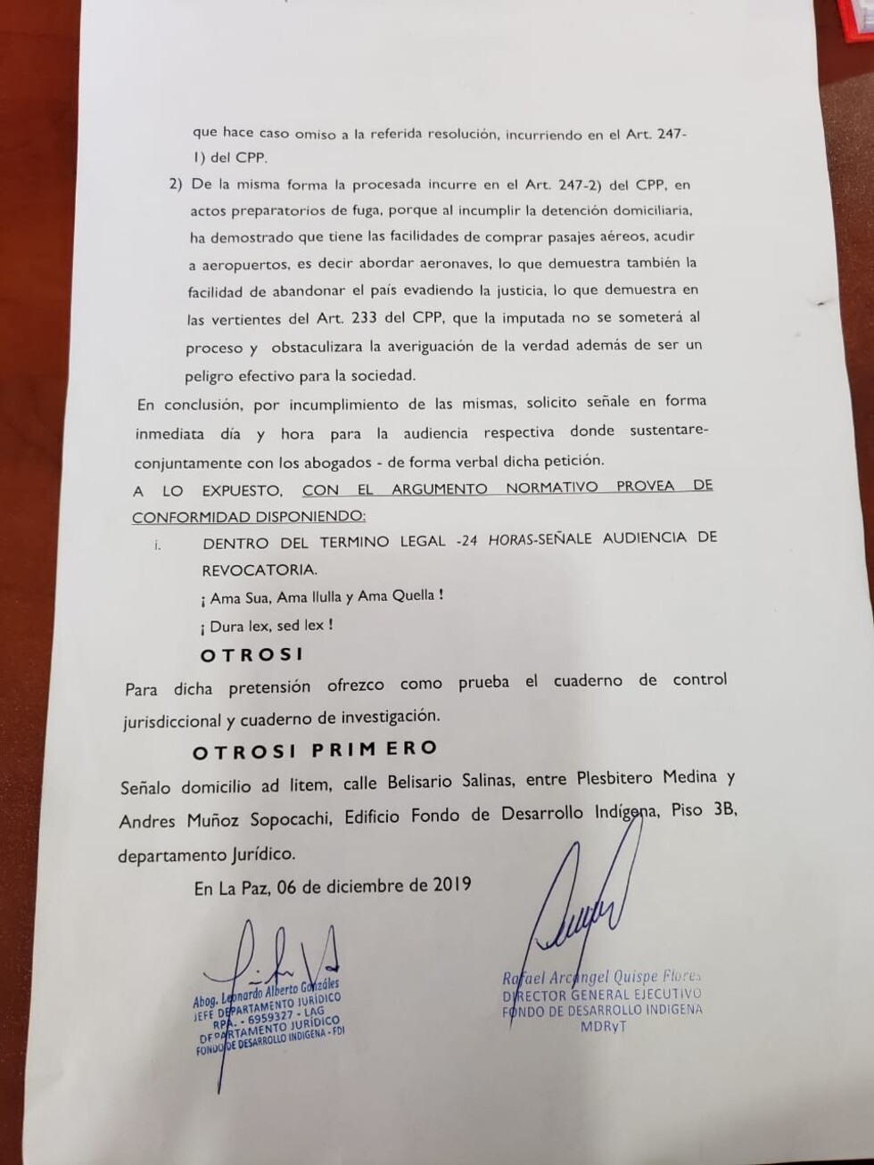 Fondo de Desarrollo Indígena pide revocatoria de detención domiciliaria para Achacollo