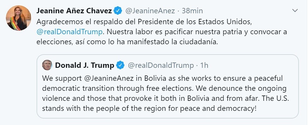 Trump otorga apoyo a Áñez para la transición pacífica