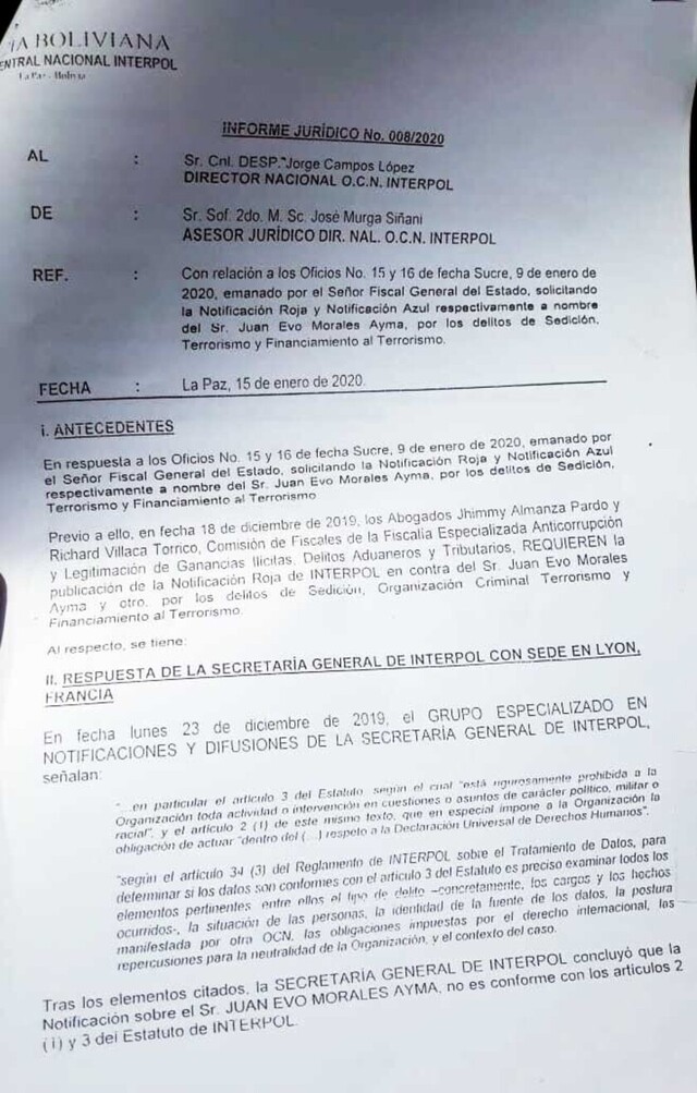 Interpol rechazó activar notificaciones contra Evo; culpan al Fiscal General por negligencia