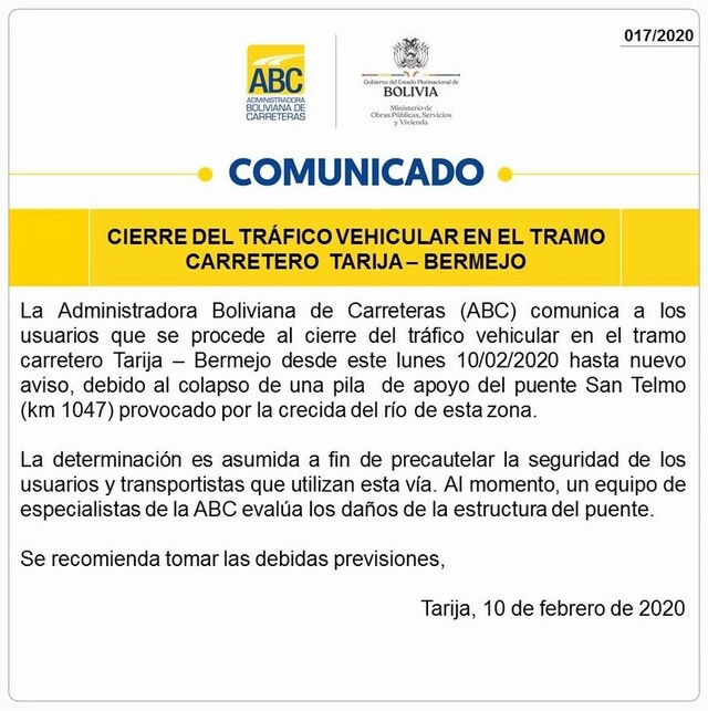 Cierran paso en ruta Tarija-Bermejo hasta nuevo aviso