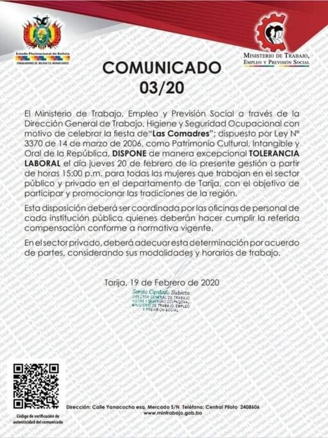 Tolerancia laboral desde las 15:00 horas del jueves por Comadres