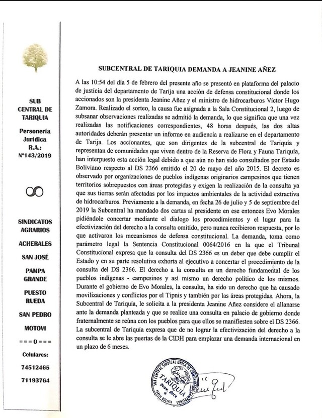Comunarios de Tariquía demandan a Áñez y Zamora por incumplimiento a consulta previa