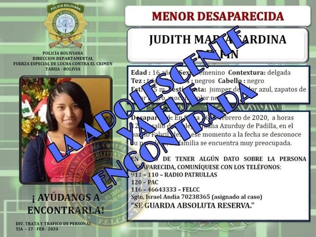 Aparece menor reportada desaparecida en Tarija