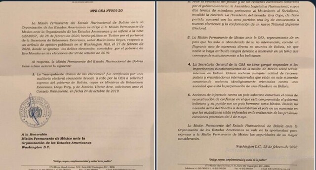 Bolivia envía nota de protesta a Misión Permanente de México ante la OEA