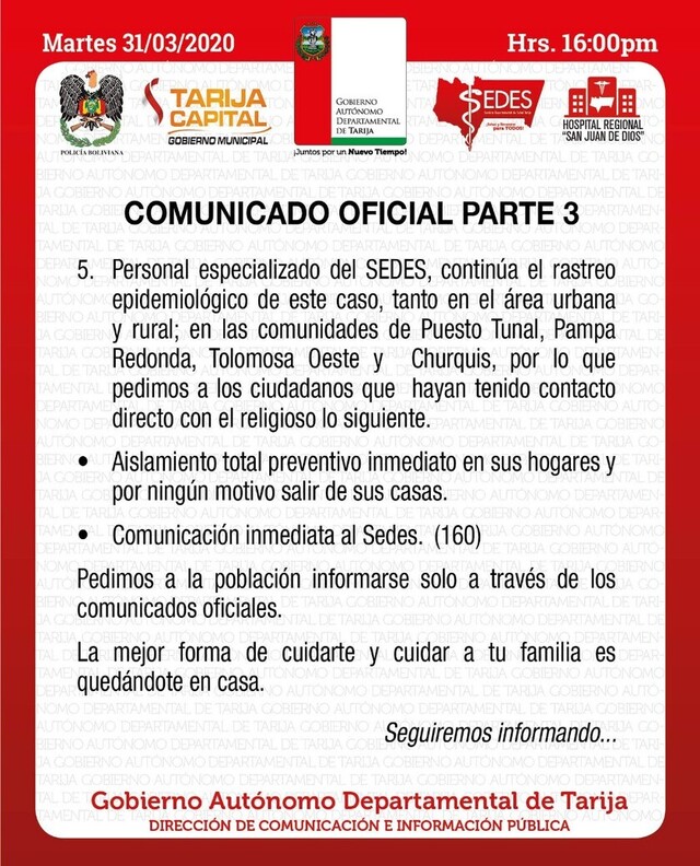 Sedes aisló a 46 personas que tuvieron contacto con el primer caso de Covid-19 en Tarija