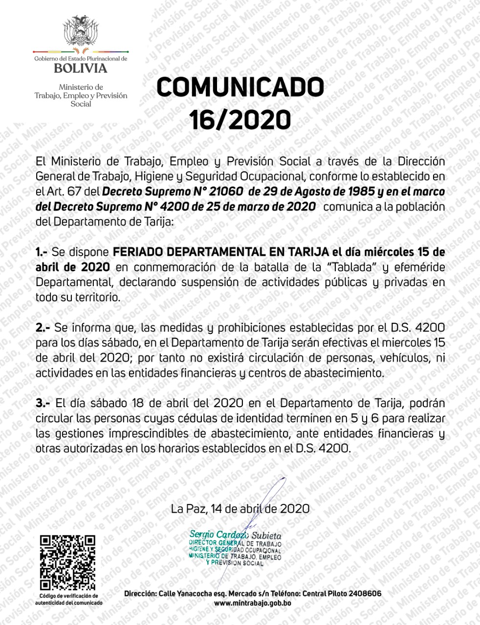 Por disposición nacional, el 15 de abril será feriado en Tarija