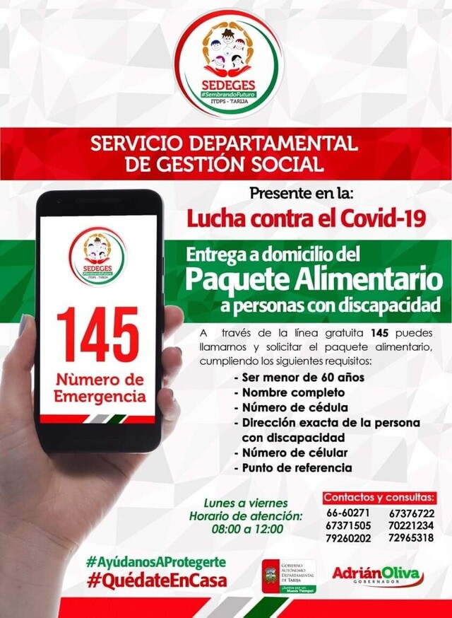 Habilitan línea para solicitar el paquete alimentario de personas con discapacidad en Tarija