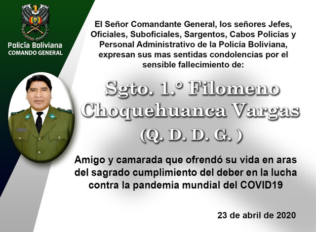 Fallece primer policía víctima del coronavirus en Bolivia