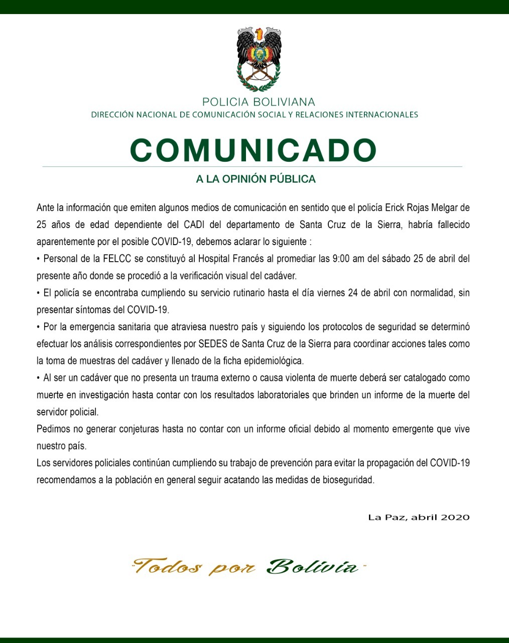 Murillo descarta muerte por coronavirus en efectivo de la policía en Santa Cruz