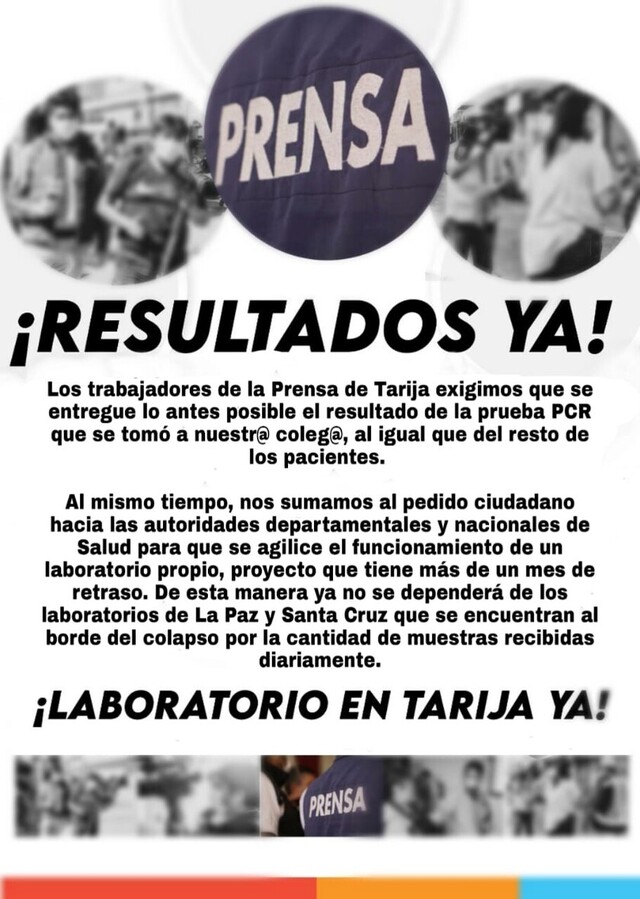 Prensa exige al Gobierno resultado de prueba PCR de periodista tarijeña