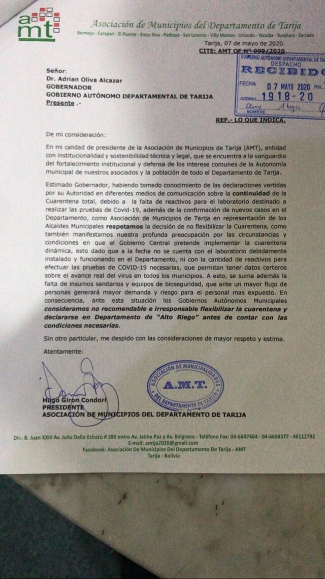 AMT respalda decisión de no flexibilizar cuarentena en Tarija
