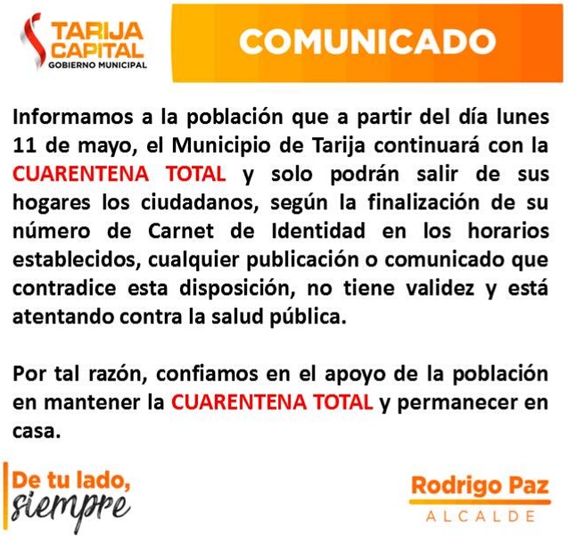Municipio de Cercado, en Tarija, se mantiene en cuarentena total