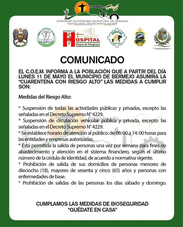 Bermejo decide aplicar la cuarentena de riesgo alto