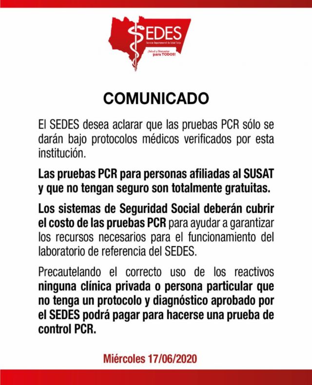 Sedes rectifica: No habrá PCR para privados sin diagnóstico médico aprobado