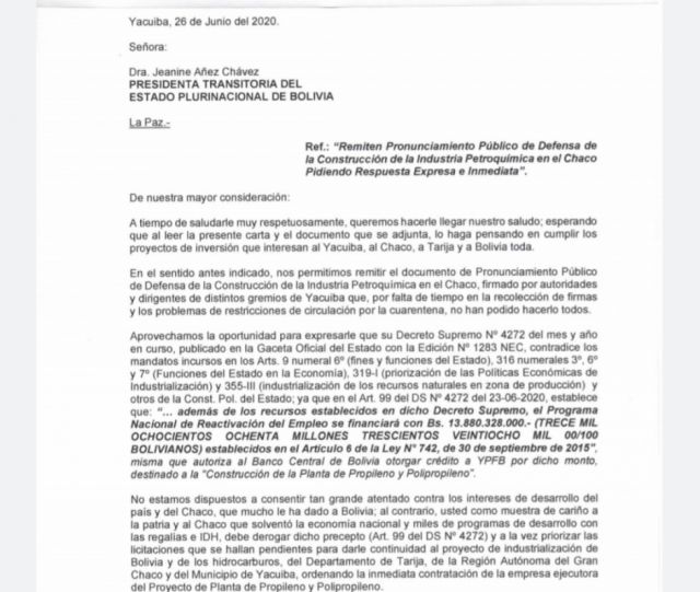 Vallejos a Áñez: “Derogue la propuesta y de continuidad a la Petroquímica”   