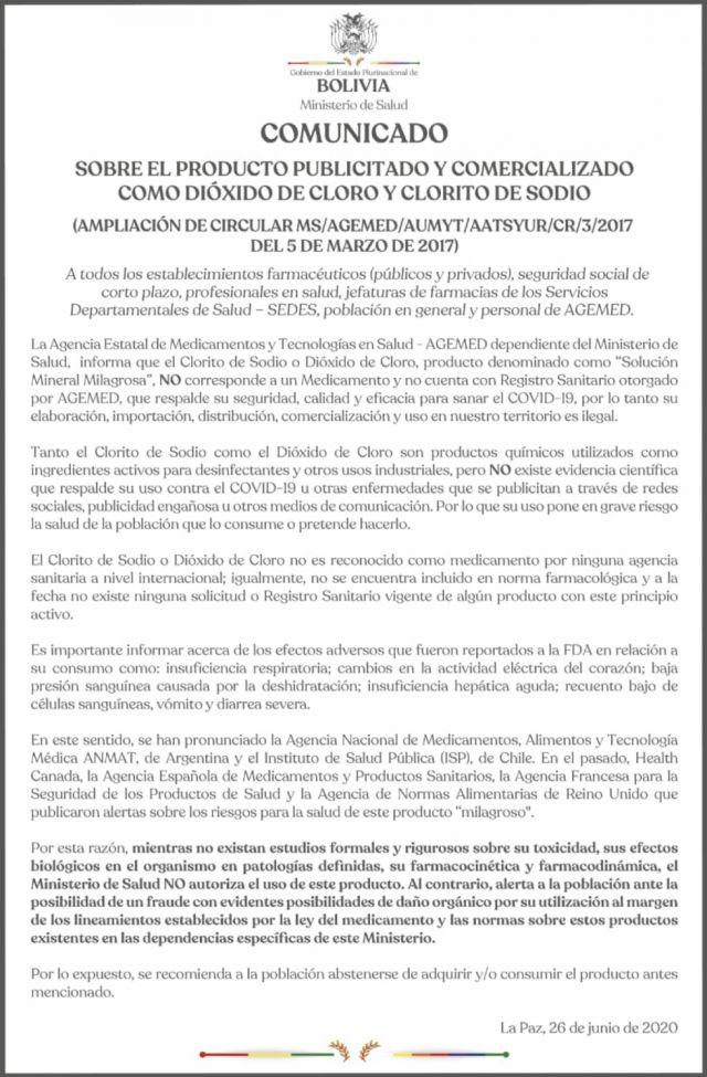 Ministerio de Salud advierte que Dióxido de Cloro no debe ser utilizado en pacientes con Covid