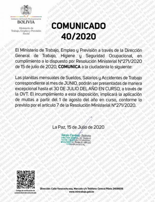 Ministerio de Trabajo amplía plazo para presentar planillas de sueldos de junio hasta el 31 de julio