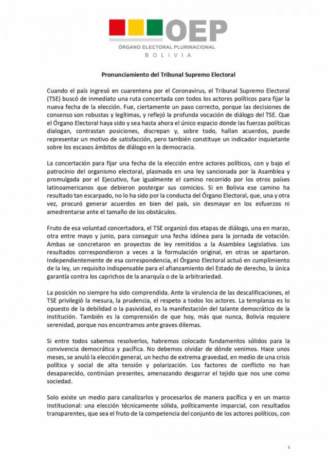 Pronunciamiento del Tribunal Supremo Electoral