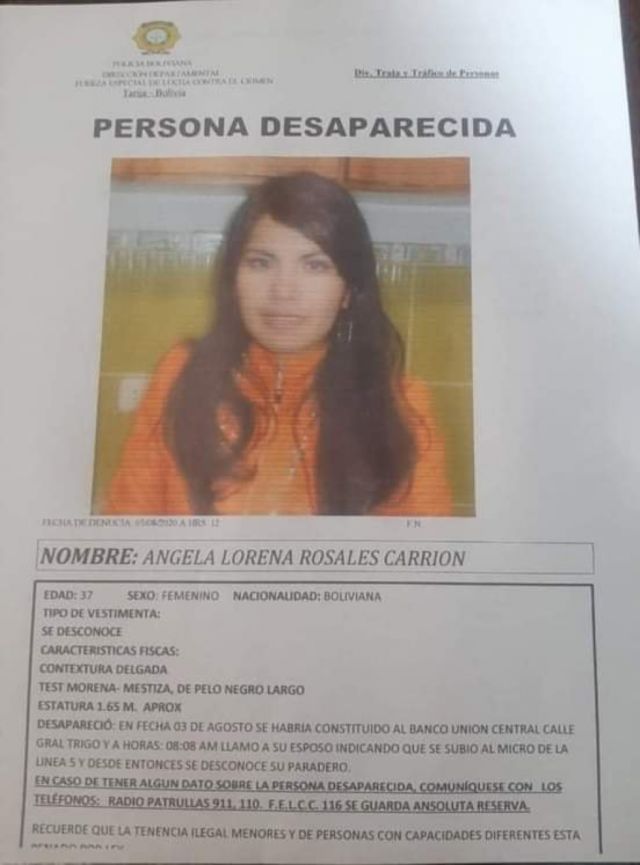 Reportan como desaparecida a Ángela Lorena Rosales Carrión en Tarija