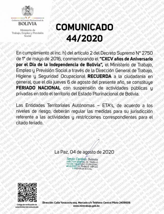 Ministerio de trabajo confirma feriado nacional para el 6  de agosto