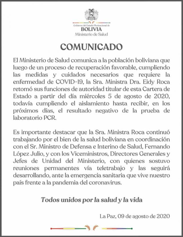 Ministra de Salud se recupera de Covid y retoma funciones