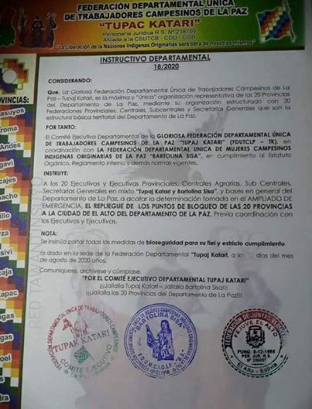 Federación de Campesinos de La Paz instruye el repliegue de los bloqueos hacia El Alto