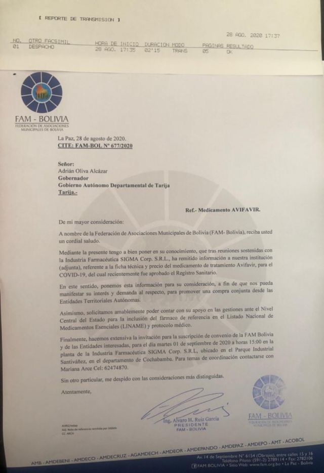 FAM invita a la Gobernación de Tarija a suscribir convenio para compra de Avifavir