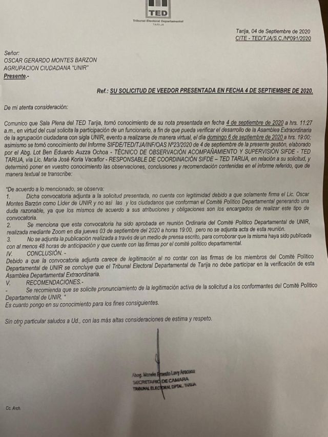 TED desconoce Asamblea de UNIR que removió a Zamora