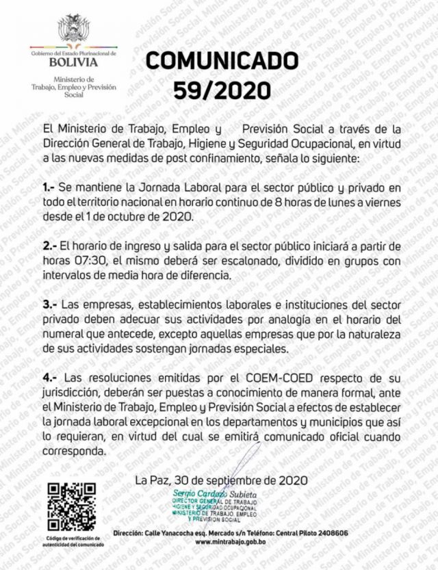 Ministerio de Trabajo mantiene jornada laboral de ocho horas y en horario continuo