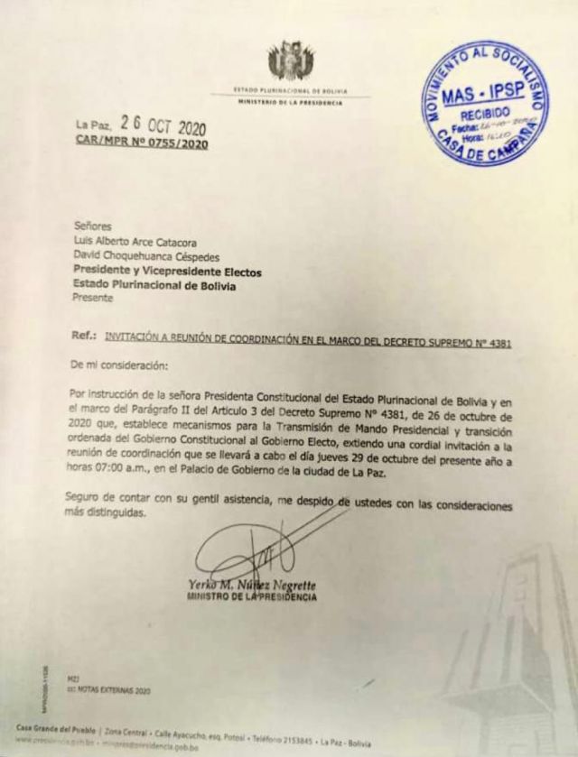 Arce y Choquehuanca fueron invitados para coordinar la transición
