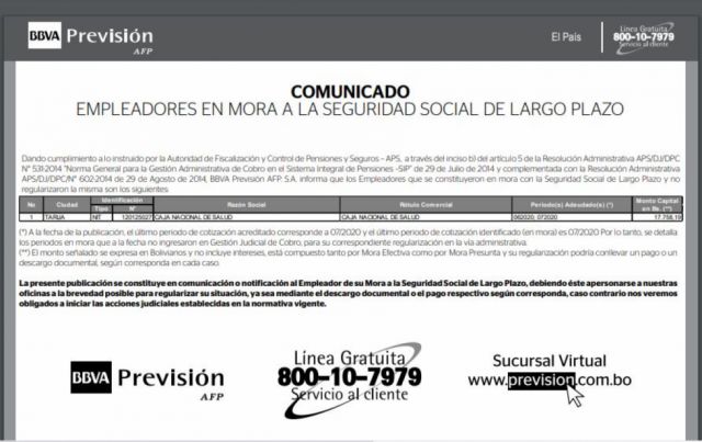 BBVA Previsión AFP informa sobre contribuyentes en mora en Tarija