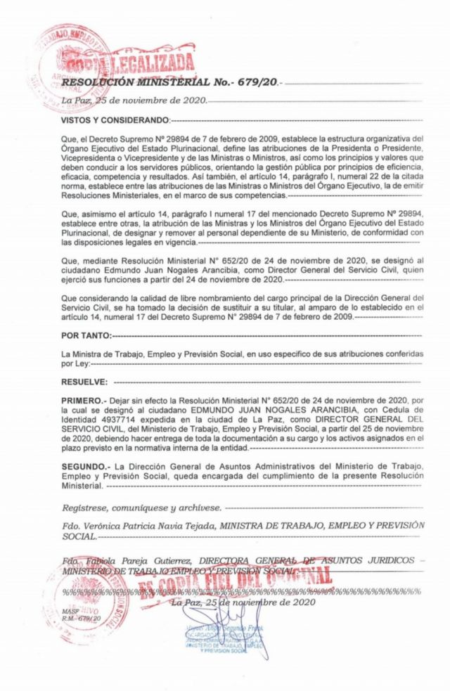 Ministra de Trabajo deja sin efecto designación de Nogales ante otra denuncia de nepotismo