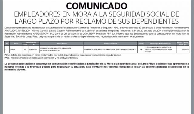 BBVA Previsión AFP informa sobre contribuyentes en mora en Tarija