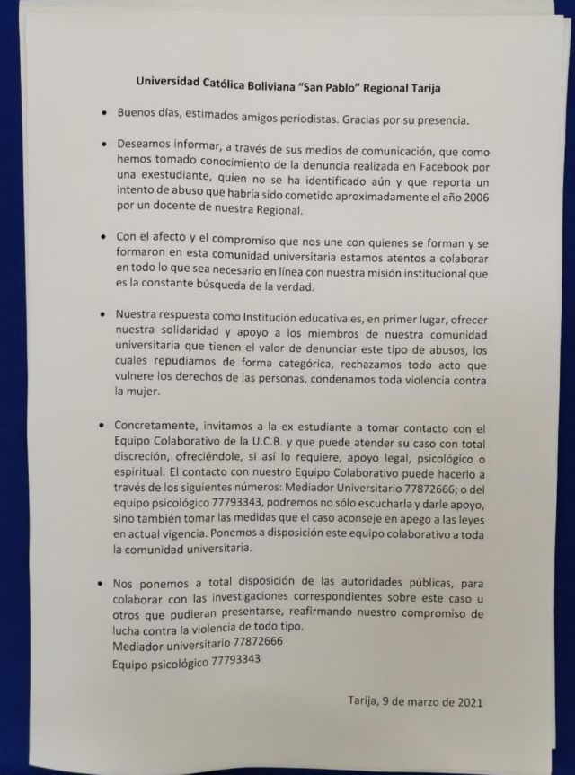 UCB ofrece apoyo a universitaria que fue víctima de acoso sexual en Tarija