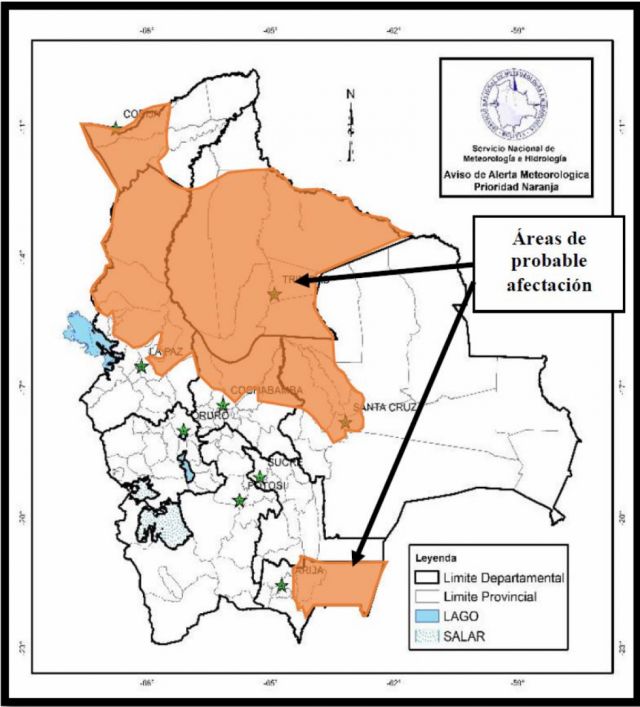 Alerta meteorológica para Tarija, Santa Cruz, Cochabamba, Beni, La Paz y Pando