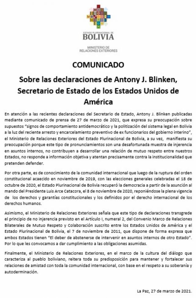 Bolivia califica de "desafortunado"  el pronunciamiento del Secretario de Estado de EEUU
