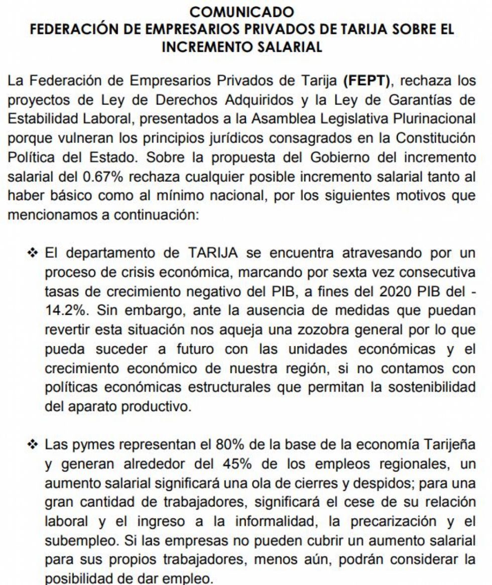Empresarios Privados de Tarija rechazan incremento salarial 