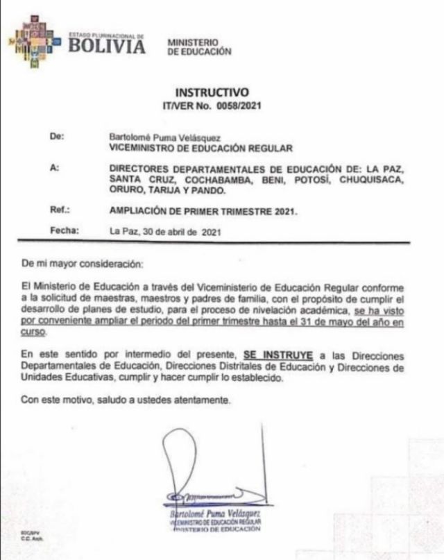 Ministerio de Educación amplía hasta el 31 de mayo el primer trimestre en el sistema educativo de Bolivia
