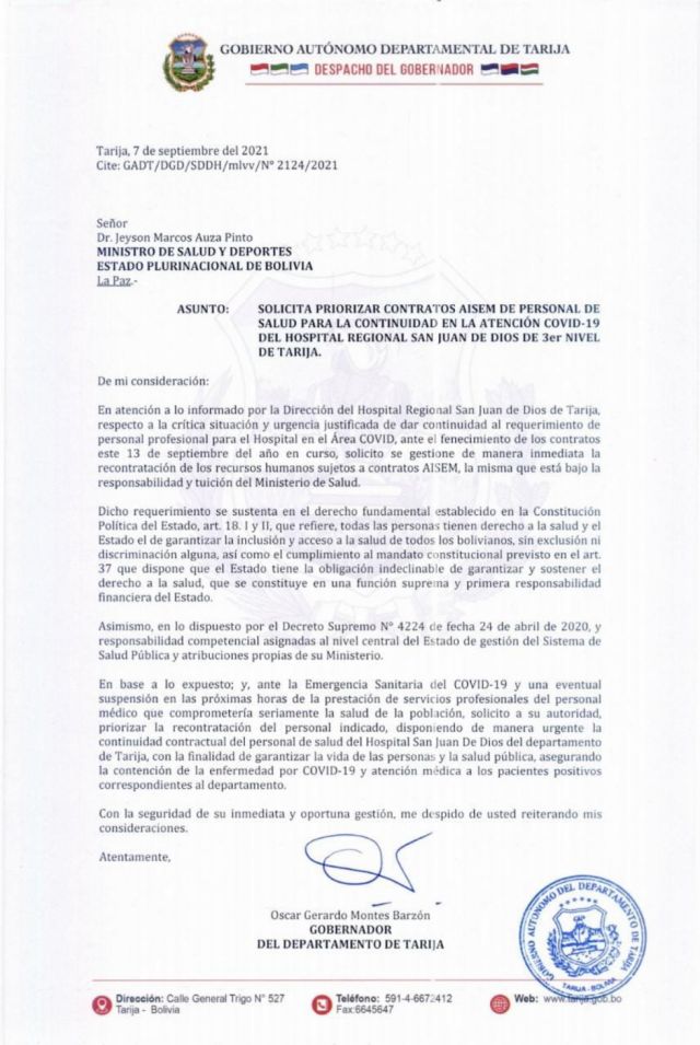 Gobernación solicitó el 7 de septiembre al Ministerio de Salud la recontratación de personal para salas COVID-19