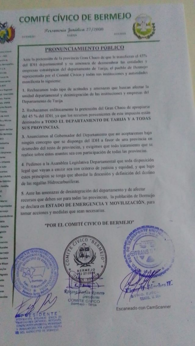 Comité Cívico de Bermejo rechaza que 45% del IDH se vaya al Chaco