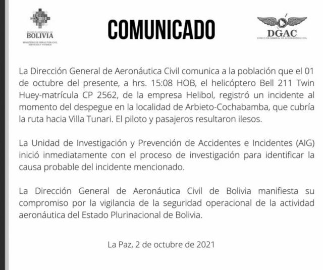 DGAC investiga percance de helicóptero  que llevaba a Evo, Loza y Cronenbold