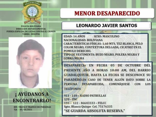 Reportan la desaparición de adolescente de 14 años en Tarija