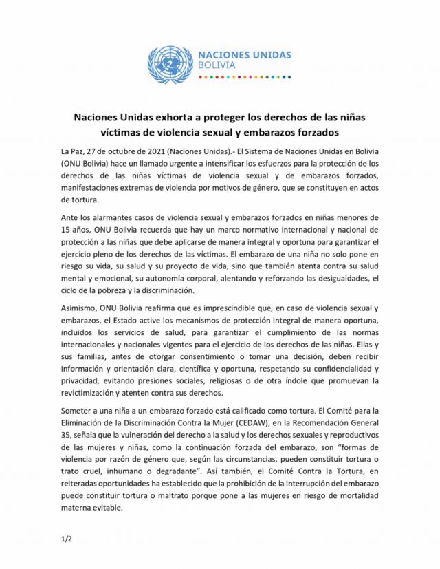 ONU exhorta a proteger los derechos de las niñas víctimas de violencia sexual y embarazos forzados