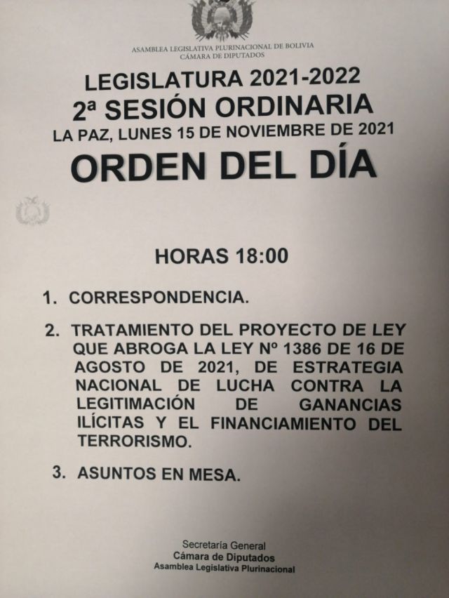 Diputados tratarán la abrogación de la Ley 1386 este lunes en la tarde