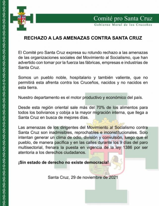 Cívicos rechazan amenaza de la COB de tomar empresas e industrias de Santa Cruz